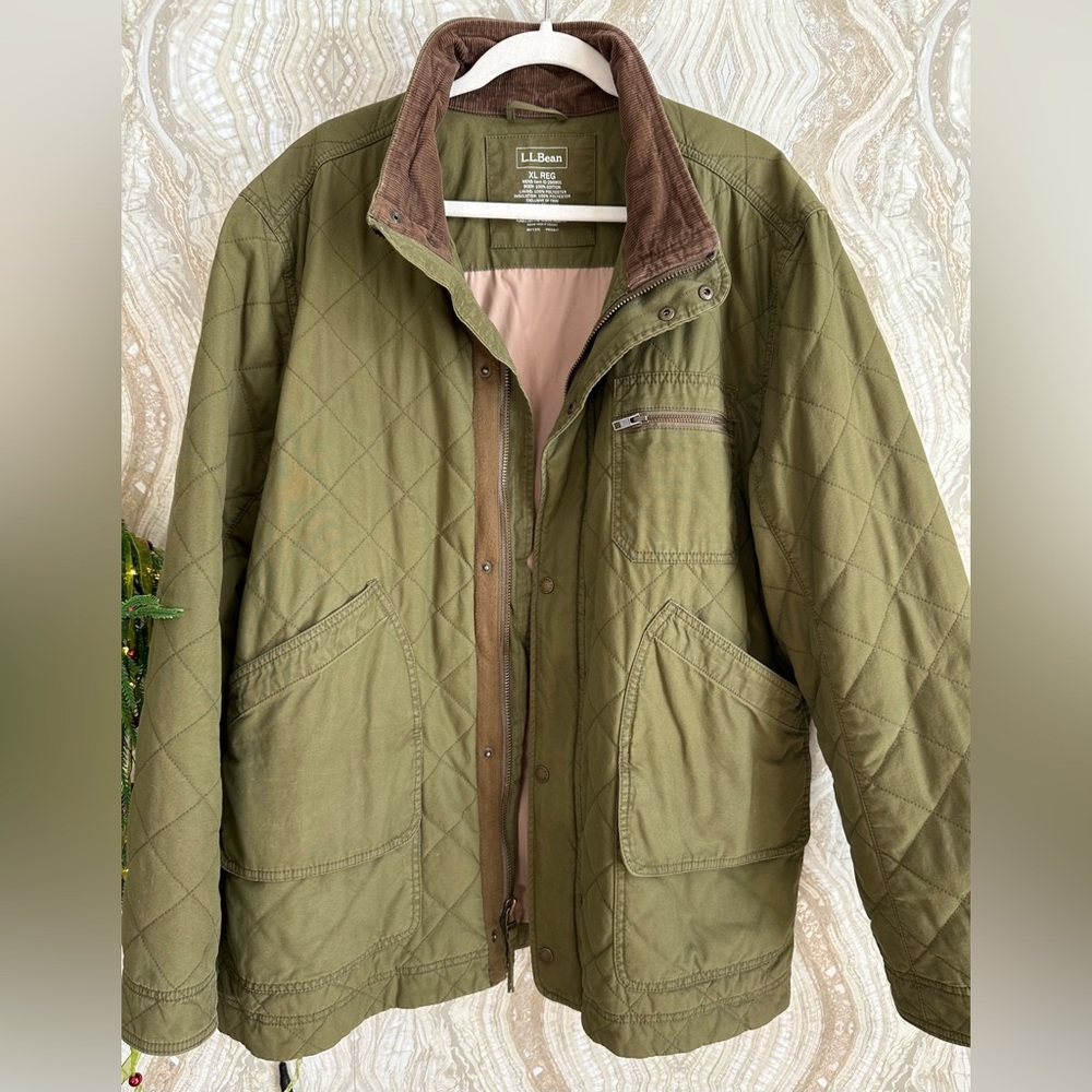 LL BEAN mens XL quilted Barn CHORE CAR COAT JACKET green Insulated POCKETS Lined